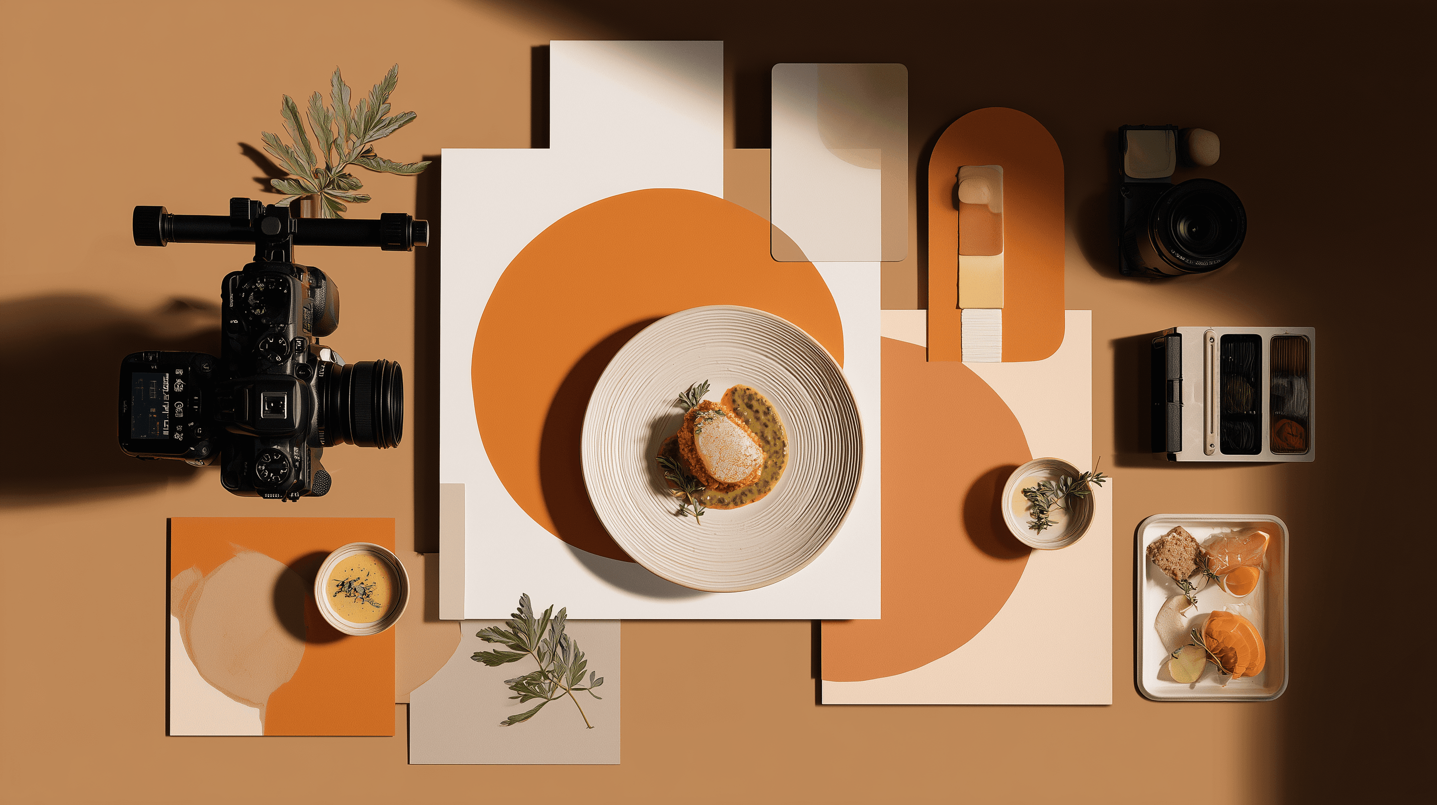 Food studio setup with styled dish and production tools.