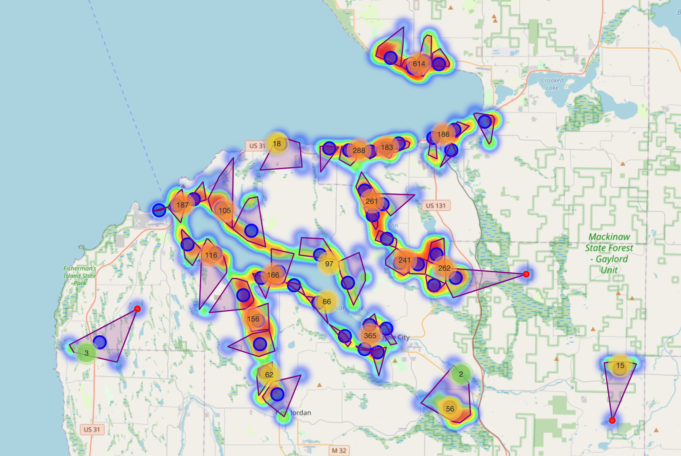 AI heat map highlighting top realtor prospects in Northern Michigan.