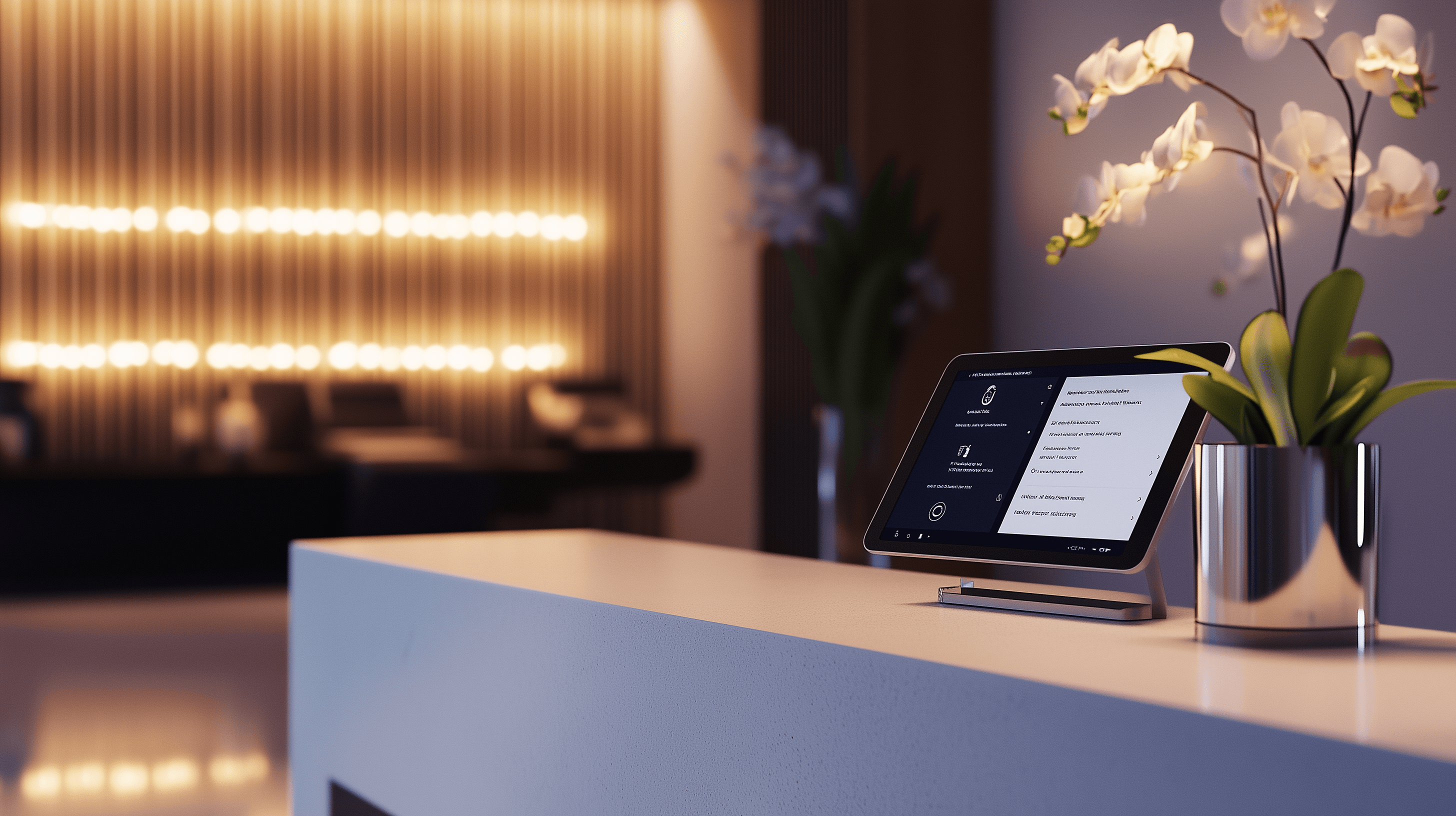 Salon reception space with scheduling and automation cues.